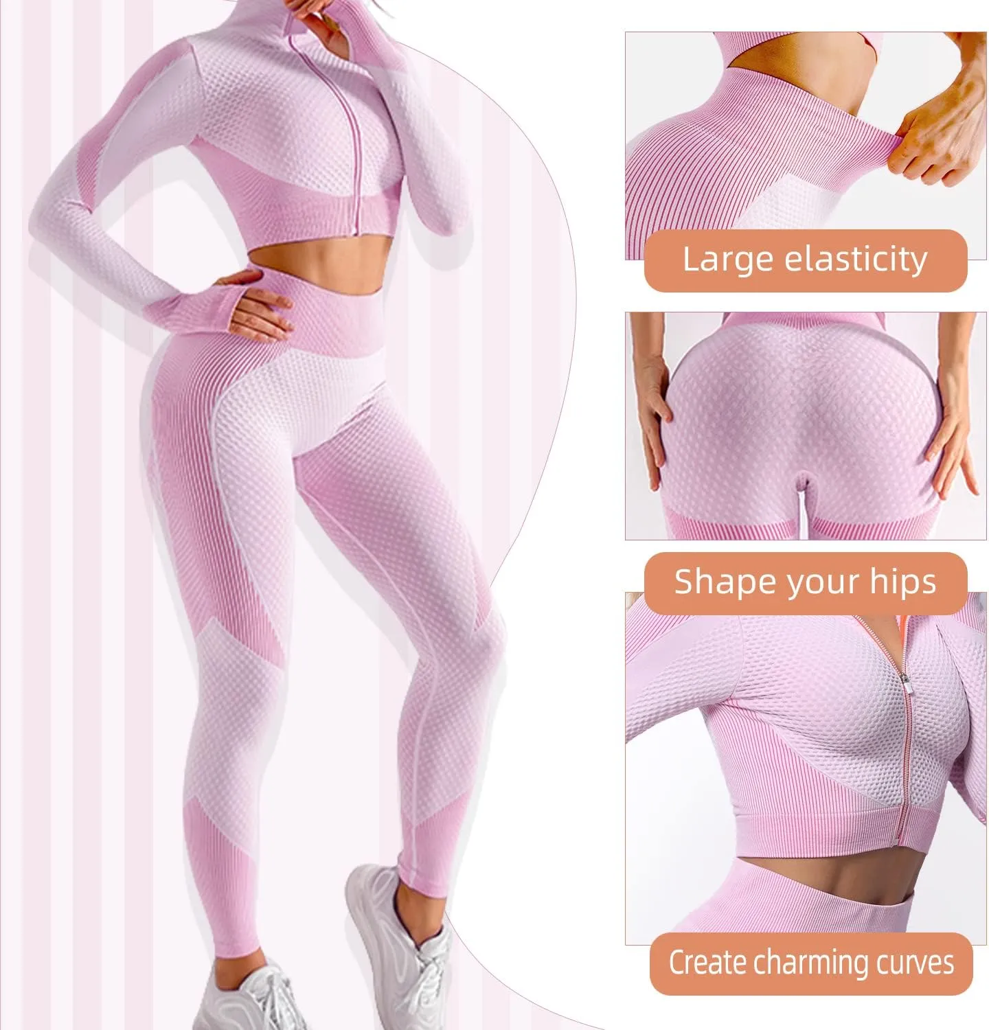 Women's 3pcs Seamless Workout Outfits Sets, Yoga Sportswear Tracksuit Leggings and Stretch Sports Bra Fitness