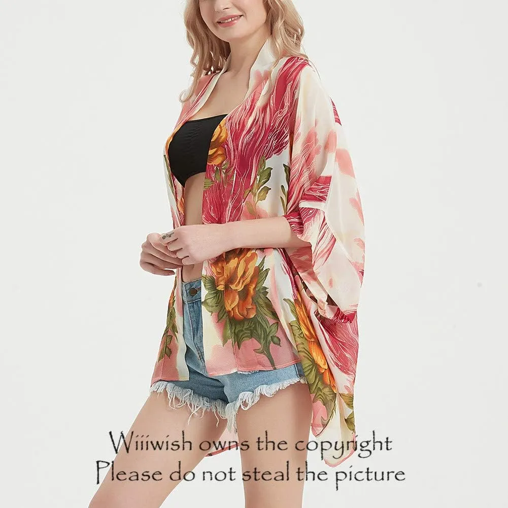Womens Bohemian Floral Sheer Chiffon Kimono Beach Bikini Cover up Cardigan Capes Tunic