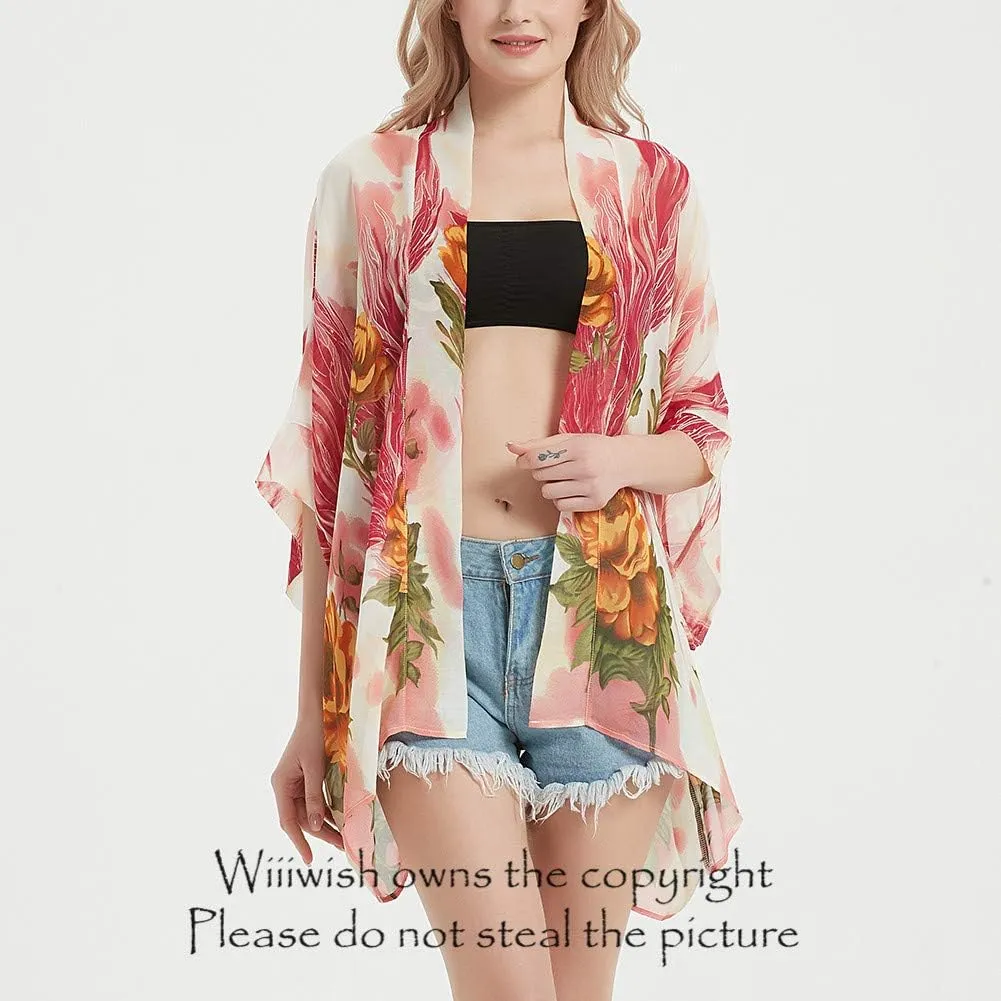 Womens Bohemian Floral Sheer Chiffon Kimono Beach Bikini Cover up Cardigan Capes Tunic
