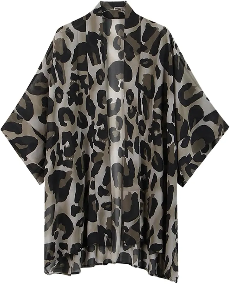 Womens Bohemian Floral Sheer Chiffon Kimono Beach Bikini Cover up Cardigan Capes Tunic