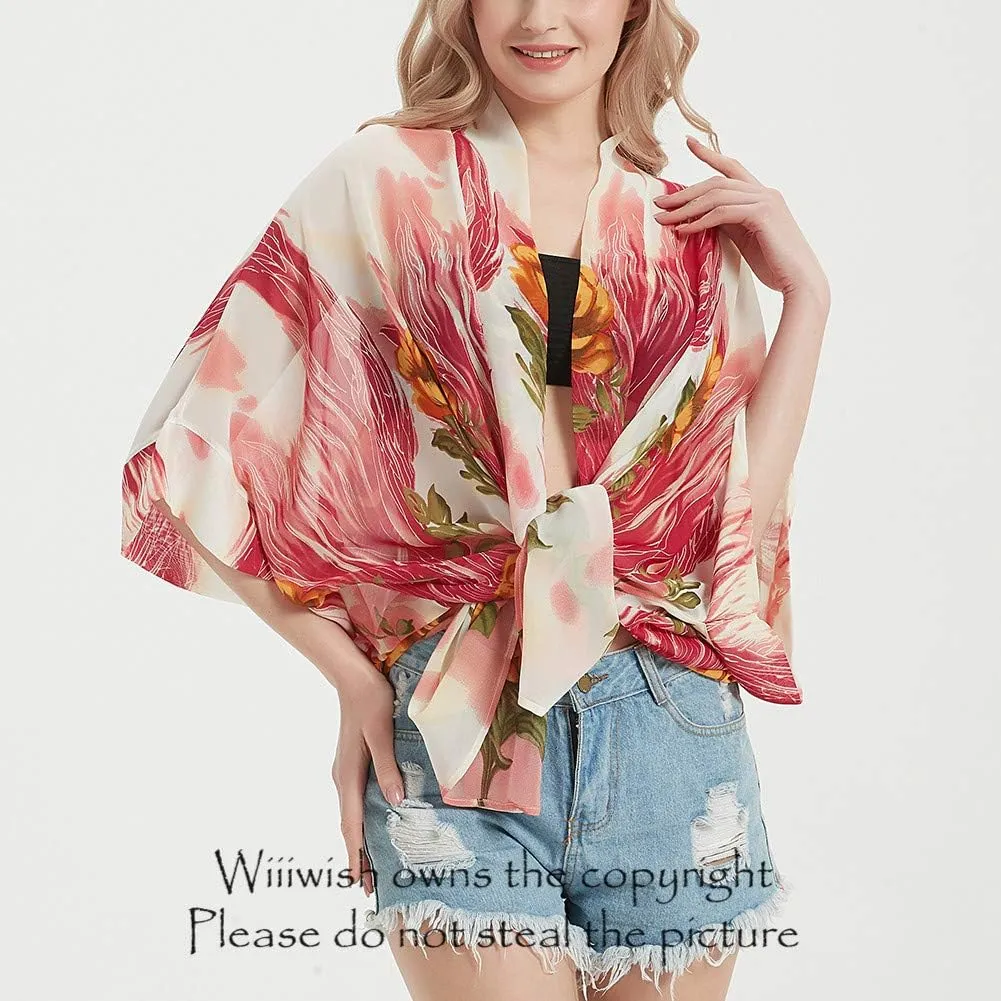 Womens Bohemian Floral Sheer Chiffon Kimono Beach Bikini Cover up Cardigan Capes Tunic