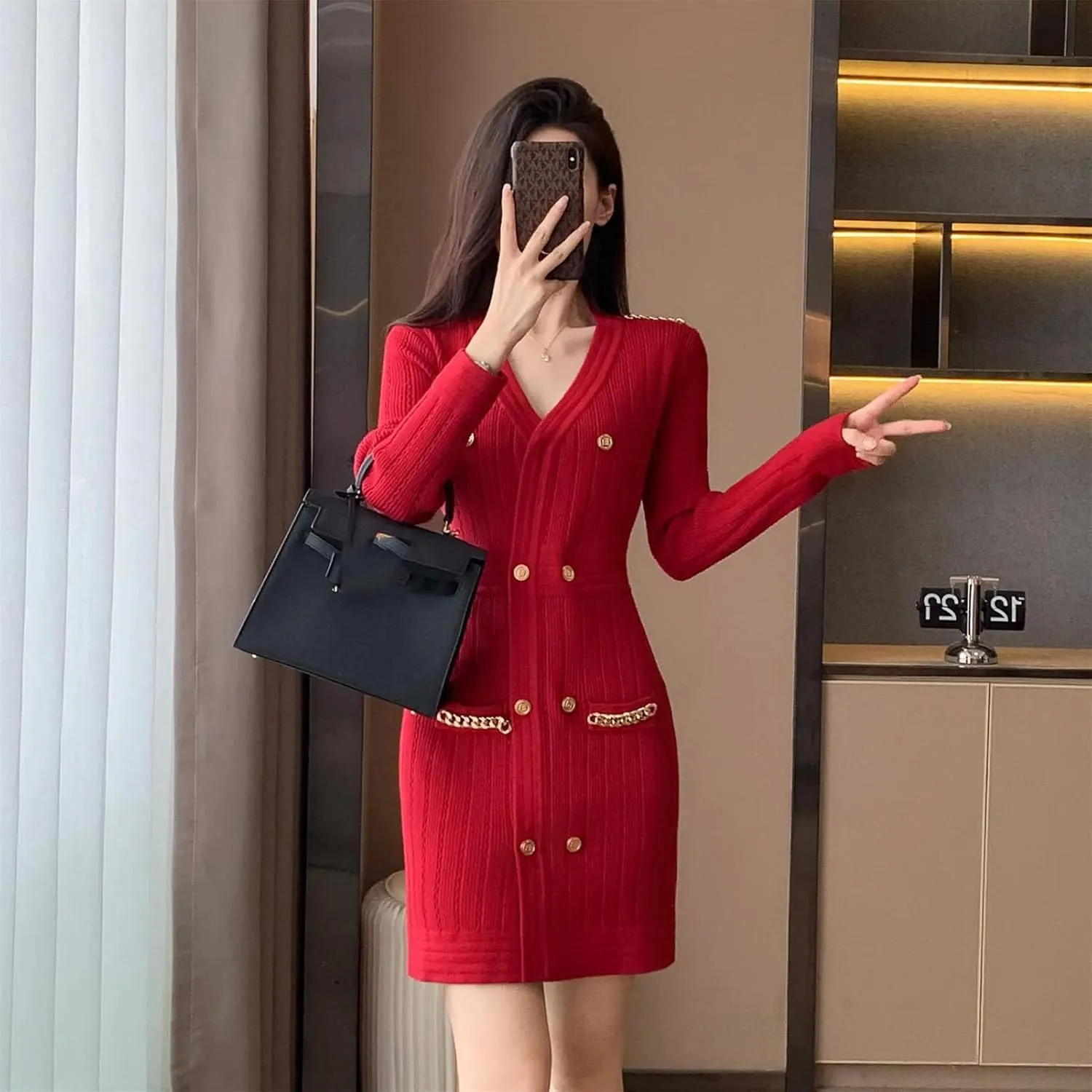Women's French Elegant Knit Mini Dress - V-Neck Double Breasted Long Sleeve Slim Office A-Line