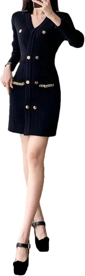 Women's French Elegant Knit Mini Dress - V-Neck Double Breasted Long Sleeve Slim Office A-Line