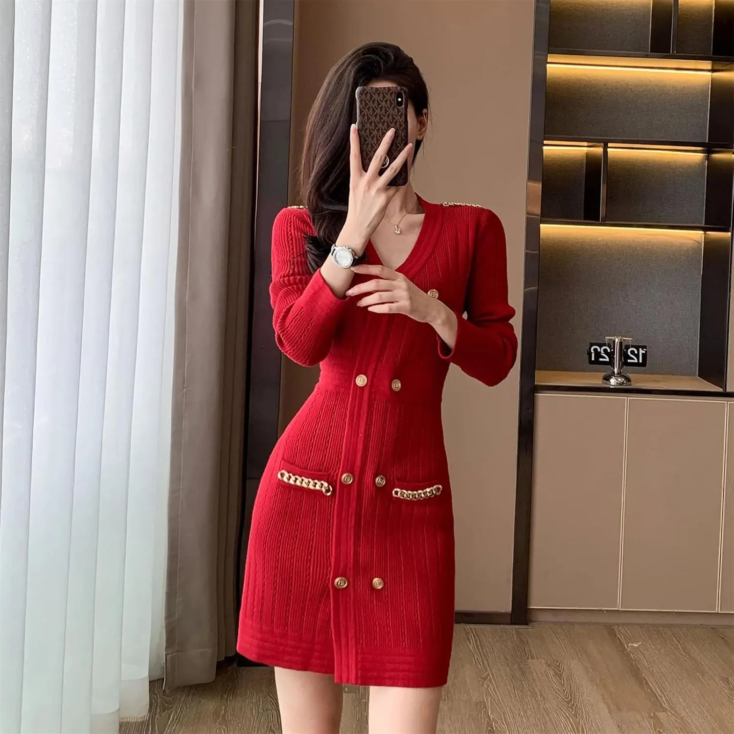 Women's French Elegant Knit Mini Dress - V-Neck Double Breasted Long Sleeve Slim Office A-Line