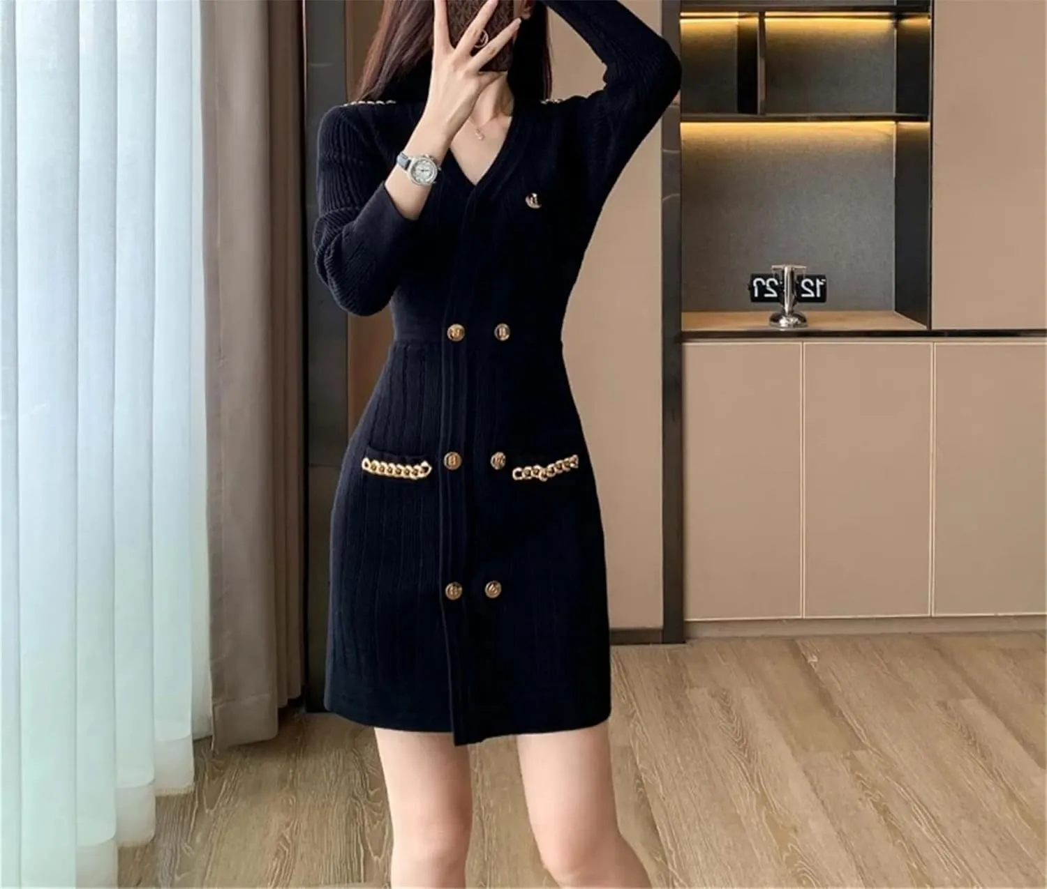 Women's French Elegant Knit Mini Dress - V-Neck Double Breasted Long Sleeve Slim Office A-Line