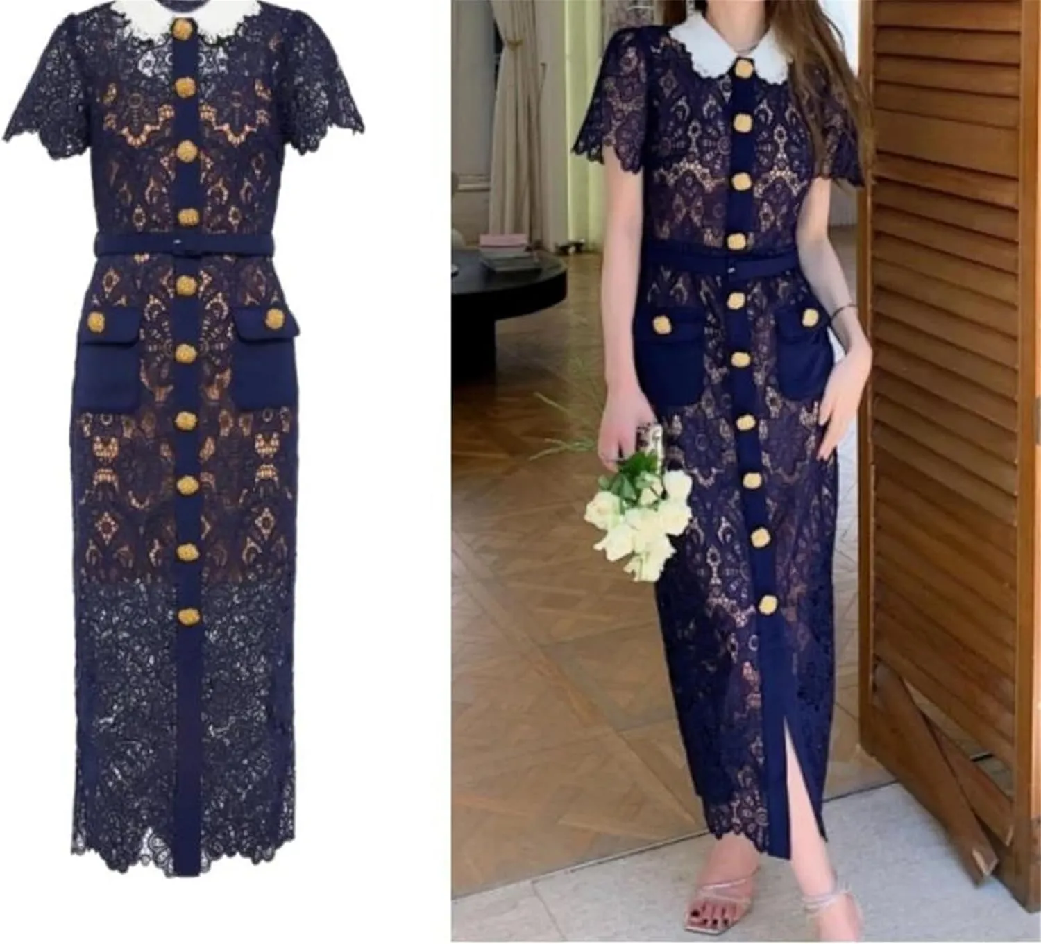 Women's French Elegant Vintage Solid Lace Hollow Out Dress - Flower Neck High Waist Slim Pencil