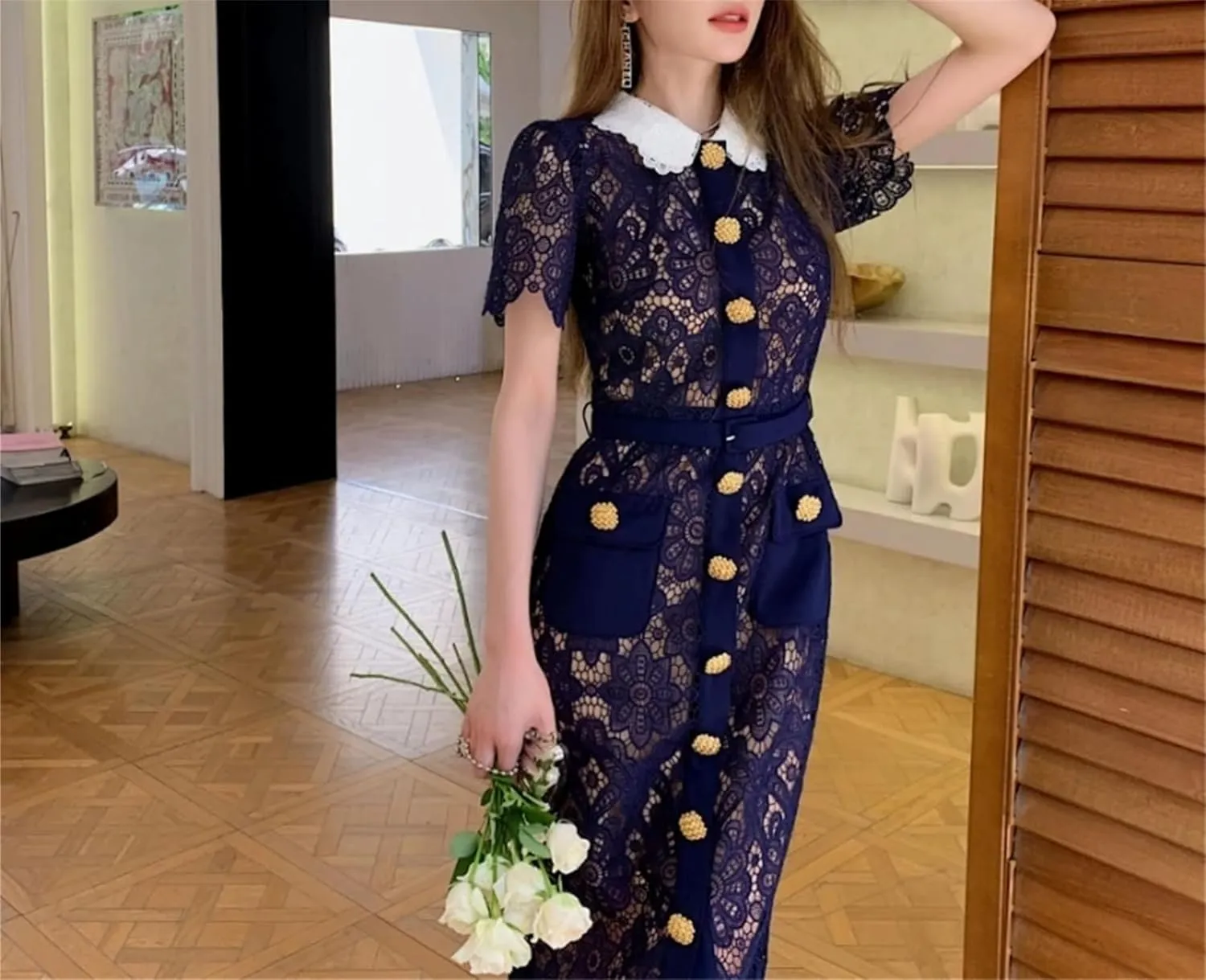 Women's French Elegant Vintage Solid Lace Hollow Out Dress - Flower Neck High Waist Slim Pencil
