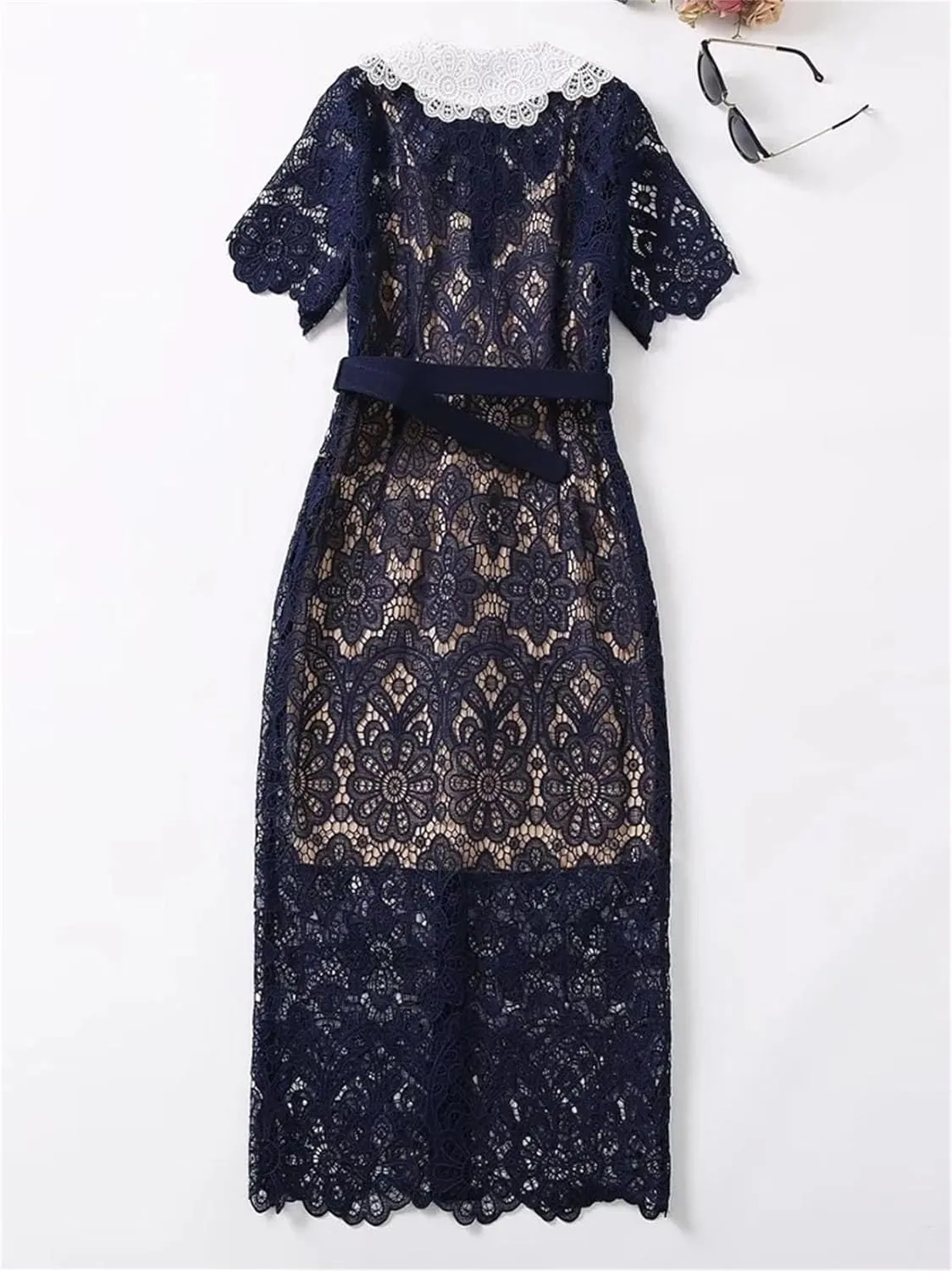 Women's French Elegant Vintage Solid Lace Hollow Out Dress - Flower Neck High Waist Slim Pencil