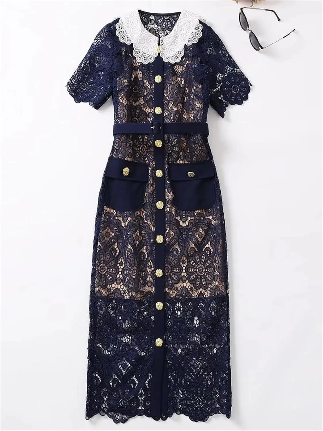 Women's French Elegant Vintage Solid Lace Hollow Out Dress - Flower Neck High Waist Slim Pencil