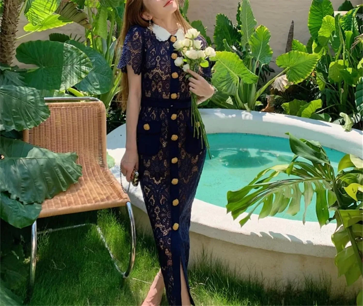 Women's French Elegant Vintage Solid Lace Hollow Out Dress - Flower Neck High Waist Slim Pencil