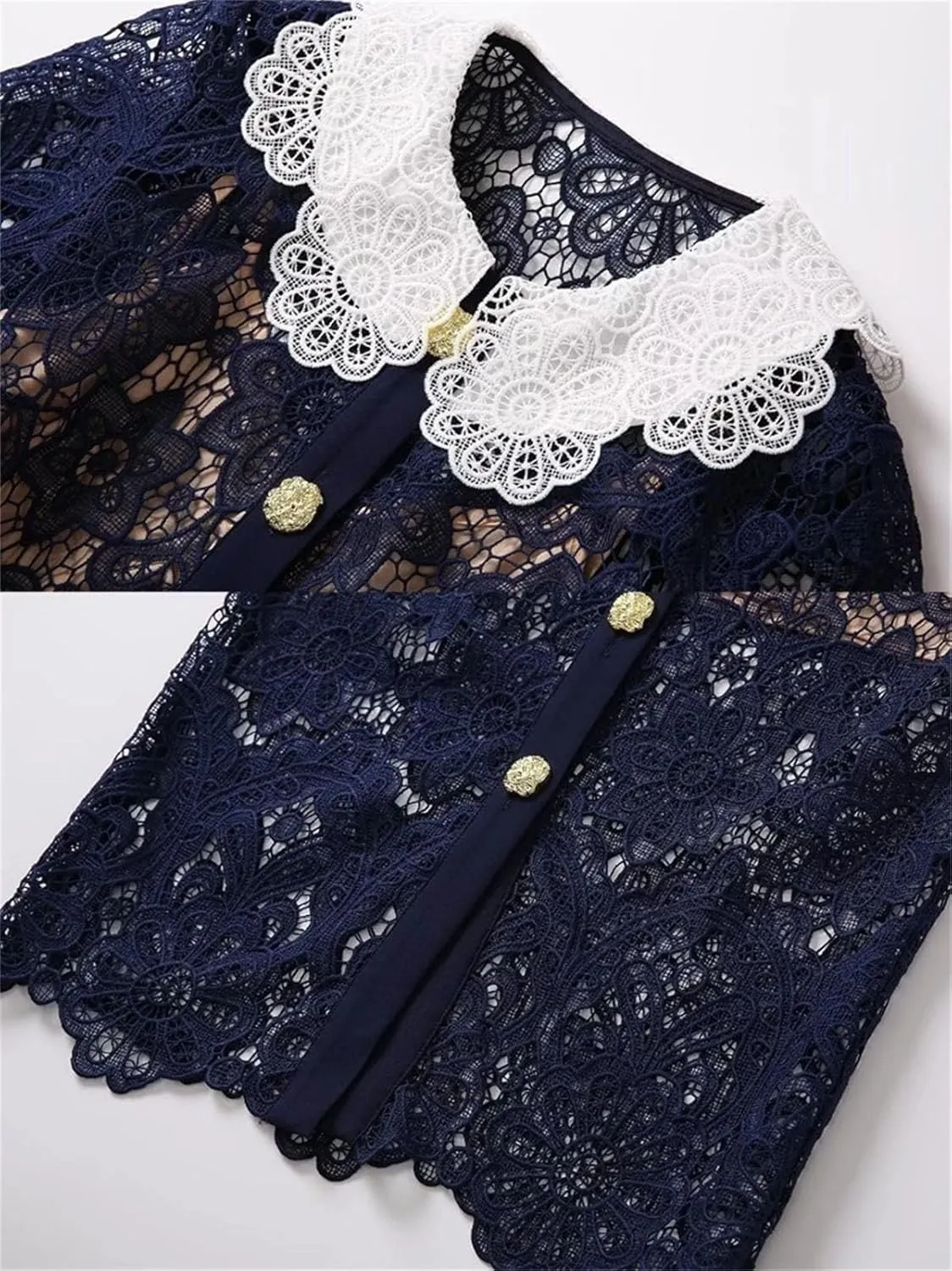 Women's French Elegant Vintage Solid Lace Hollow Out Dress - Flower Neck High Waist Slim Pencil