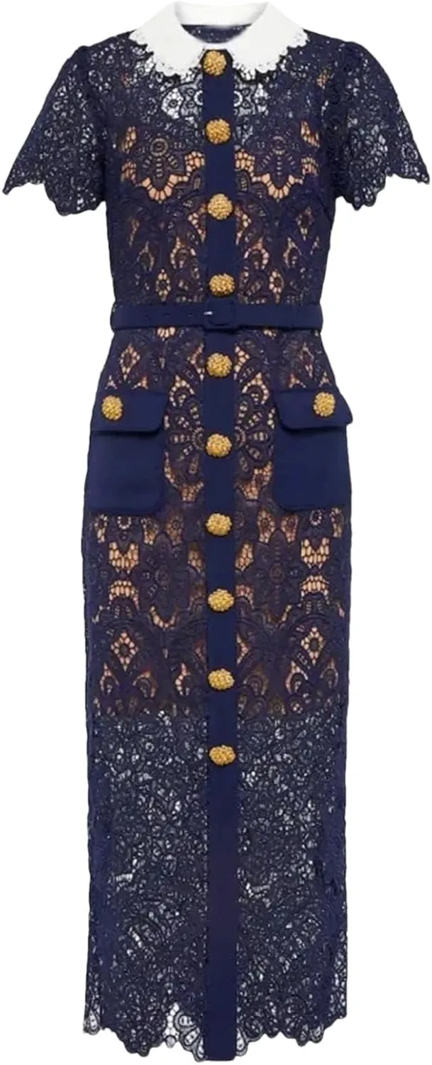Women's French Elegant Vintage Solid Lace Hollow Out Dress - Flower Neck High Waist Slim Pencil