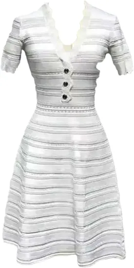 Women's Ice Silk Knit Dress - V-Neck Waist Hollow Metallic Button A-Line Dress