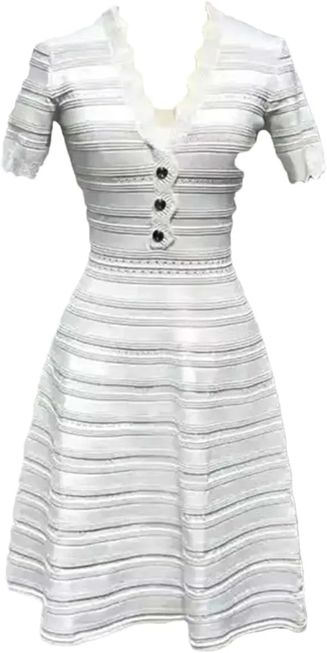 Women's Ice Silk Knit Dress - V-Neck Waist Hollow Metallic Button A-Line Dress