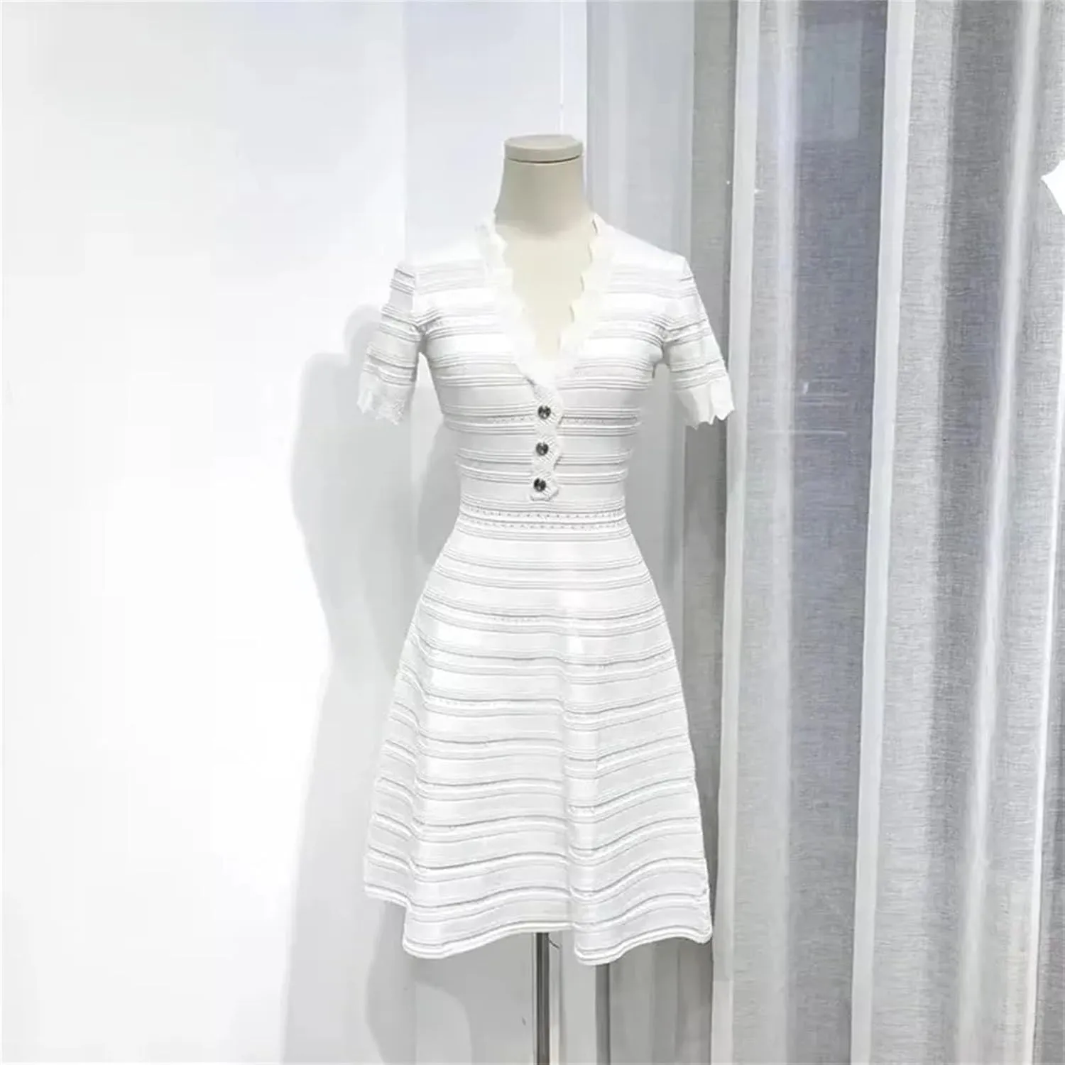 Women's Ice Silk Knit Dress - V-Neck Waist Hollow Metallic Button A-Line Dress
