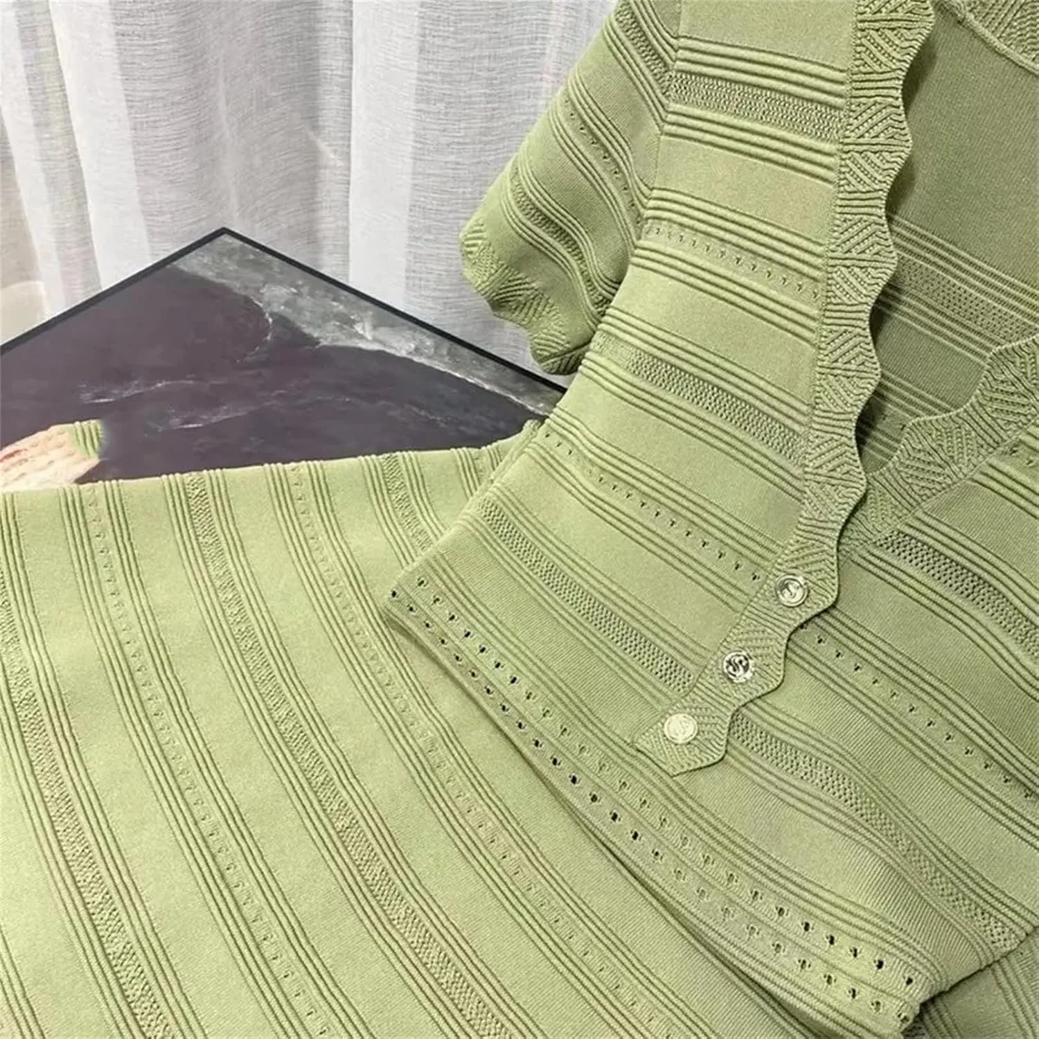 Women's Ice Silk Knit Dress - V-Neck Waist Hollow Metallic Button A-Line Dress