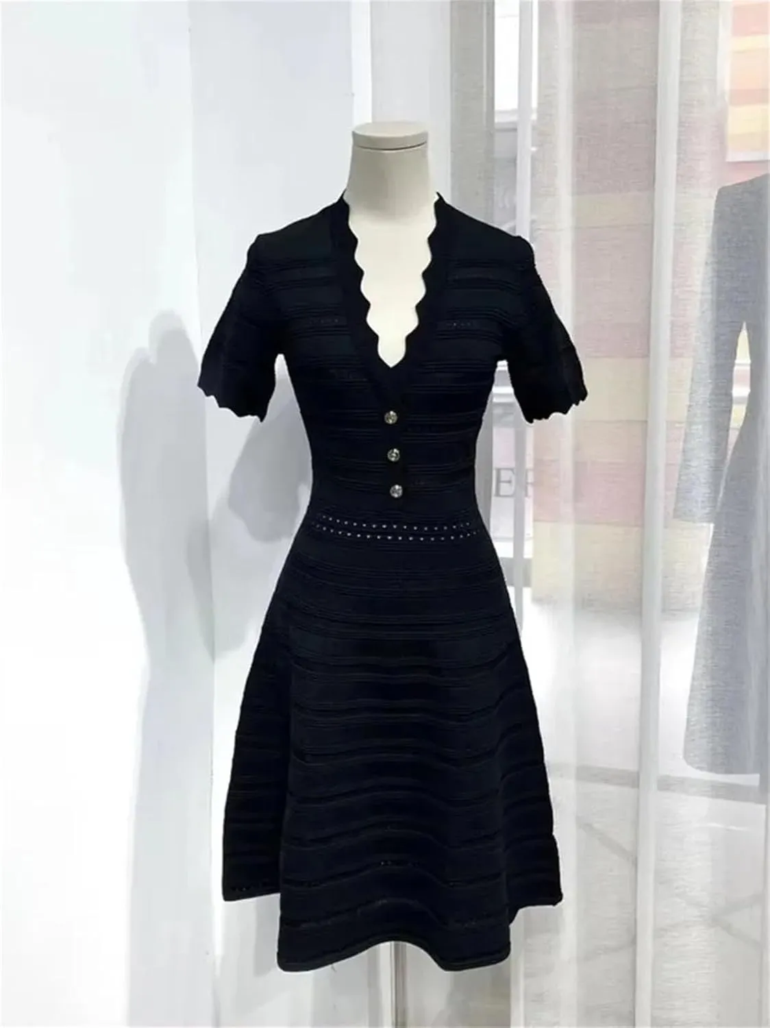 Women's Ice Silk Knit Dress - V-Neck Waist Hollow Metallic Button A-Line Dress