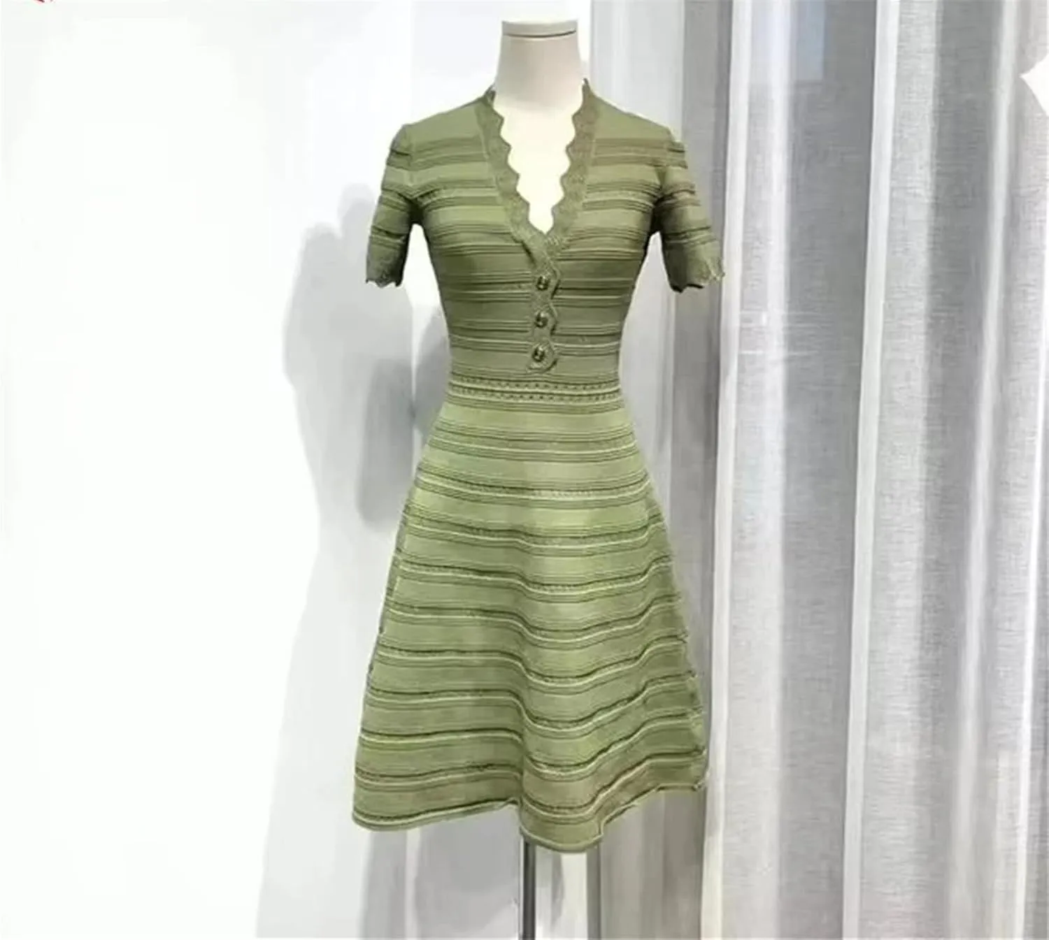Women's Ice Silk Knit Dress - V-Neck Waist Hollow Metallic Button A-Line Dress