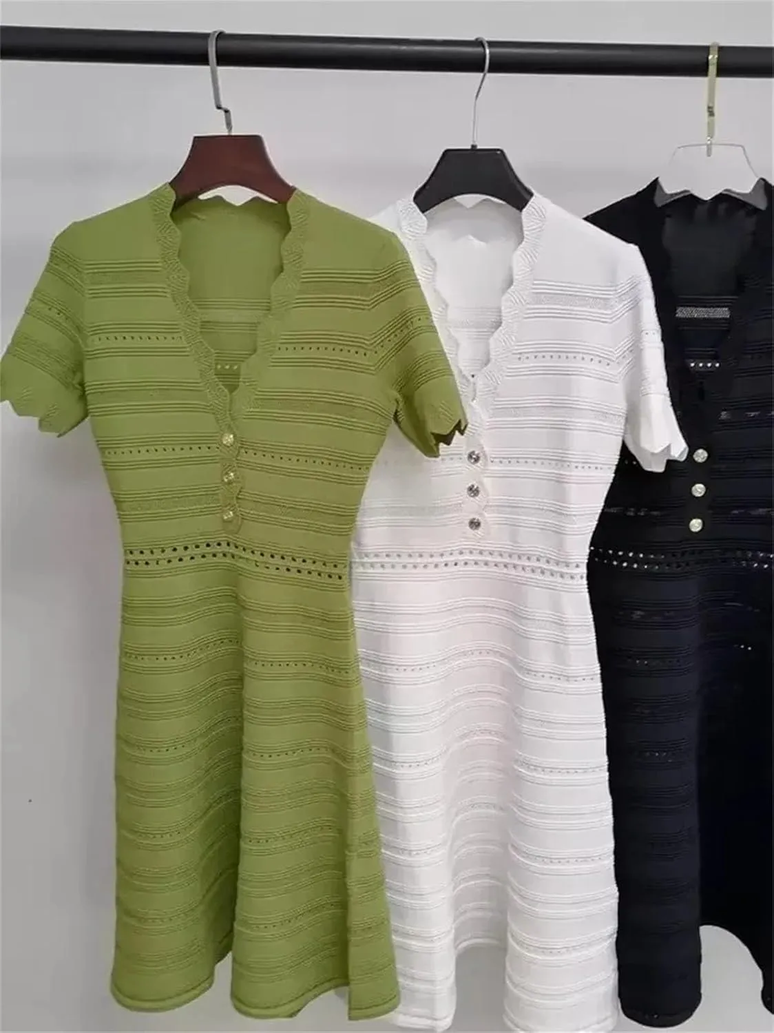 Women's Ice Silk Knit Dress - V-Neck Waist Hollow Metallic Button A-Line Dress
