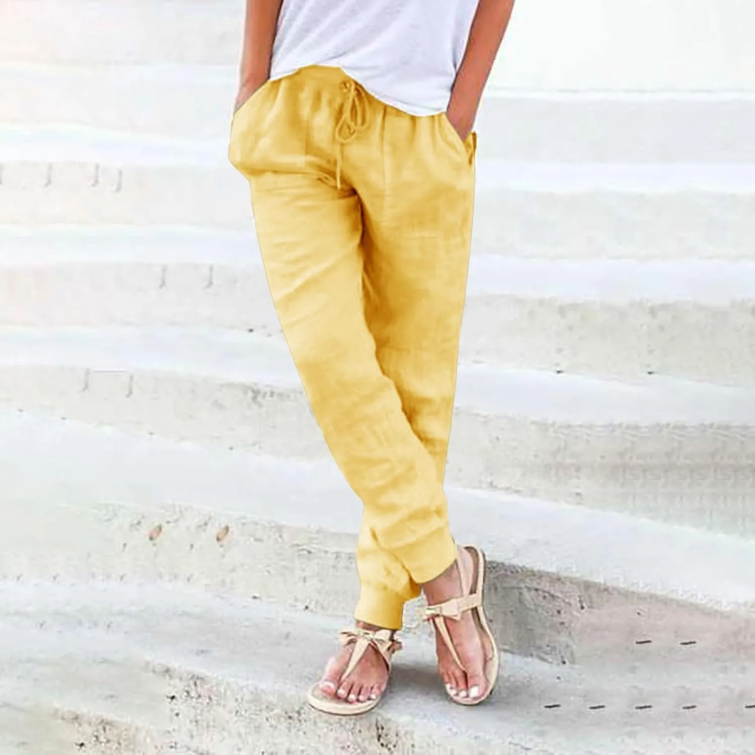 Women's Linen Summer Palazzo Pant Flowy Wide Leg Beach Pants High Waist Work Trouser with Pocket