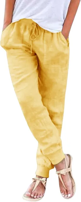 Women's Linen Summer Palazzo Pant Flowy Wide Leg Beach Pants High Waist Work Trouser with Pocket
