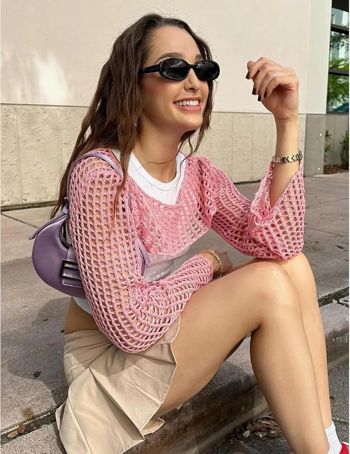 Women's Mesh Crochet Crop Tops Shrugs Sexy Y2k Hollow Out Cropped Knit Sweater See Through Bikini Cover Ups