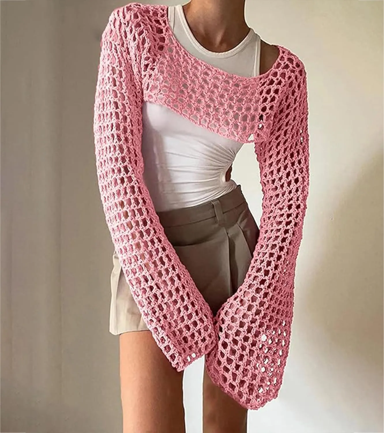 Women's Mesh Crochet Crop Tops Shrugs Sexy Y2k Hollow Out Cropped Knit Sweater See Through Bikini Cover Ups