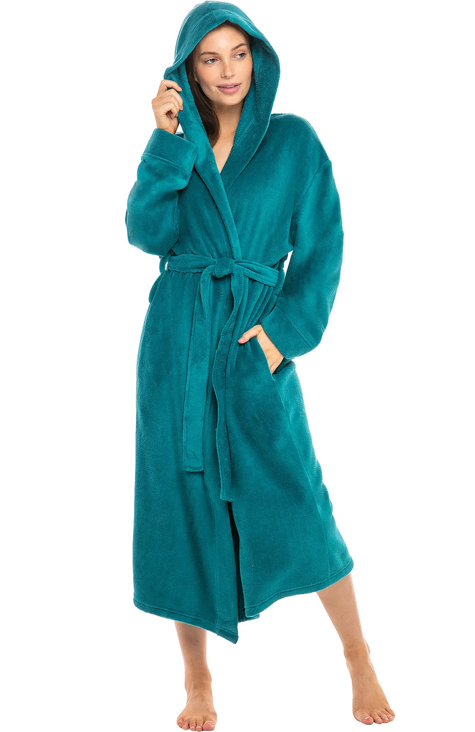 Women's Plush Fleece Robe with Hood, Lightweight Hooded Bathrobe with Pockets