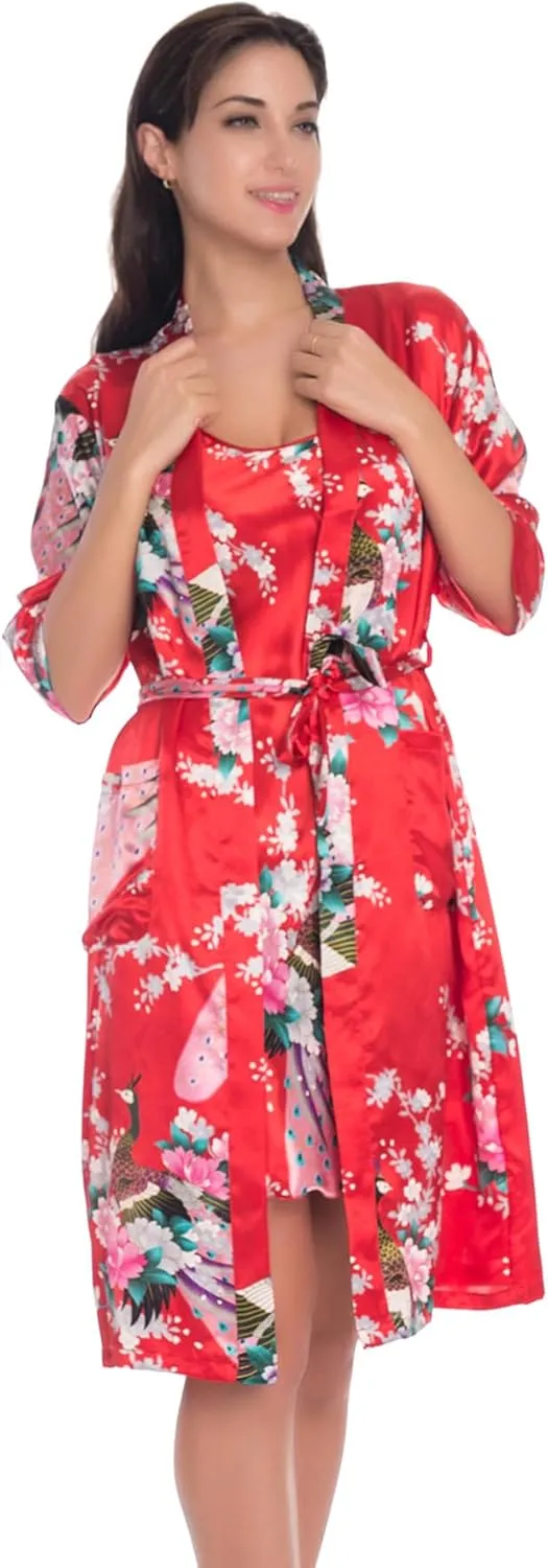 Women's Satin Nightgown with Robes Set 2 Piece Sleepwear Sexy Slip Gown Pajamas Set Silky Cami Nightwear