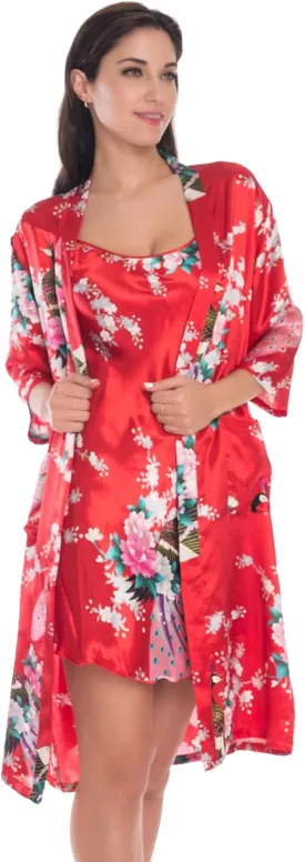 Women's Satin Nightgown with Robes Set 2 Piece Sleepwear Sexy Slip Gown Pajamas Set Silky Cami Nightwear