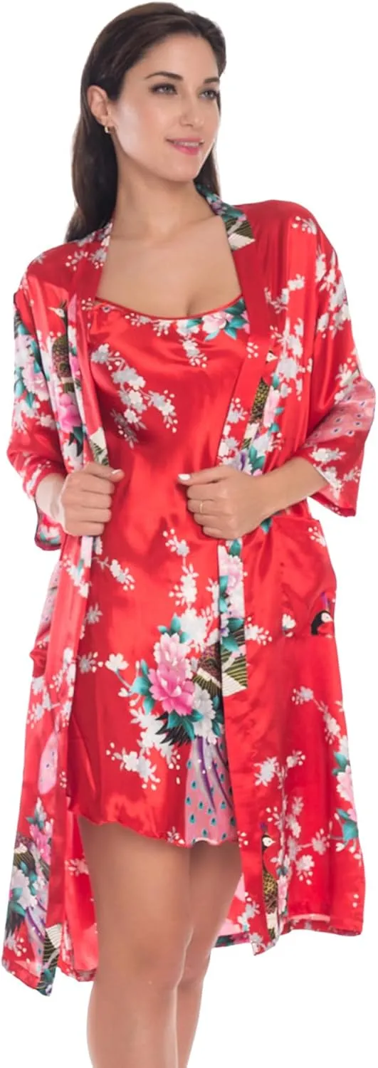 Women's Satin Nightgown with Robes Set 2 Piece Sleepwear Sexy Slip Gown Pajamas Set Silky Cami Nightwear