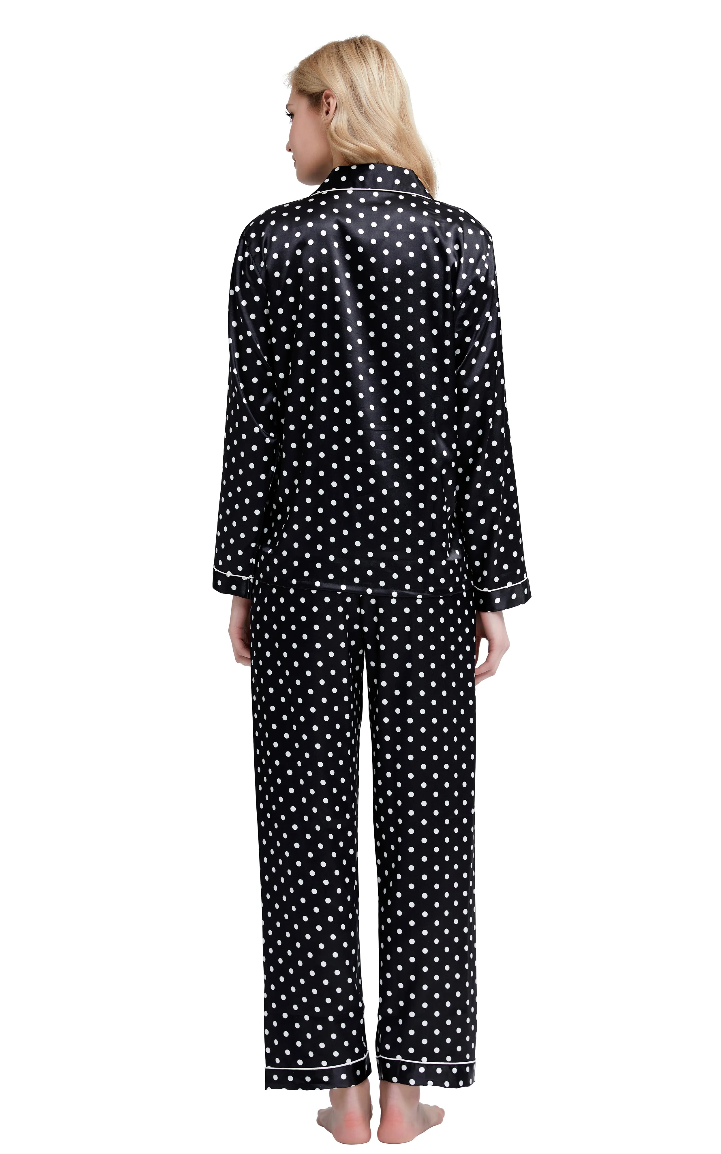 Women's Silk Satin Pajama Set Long Sleeve-Black and White Polka Dot