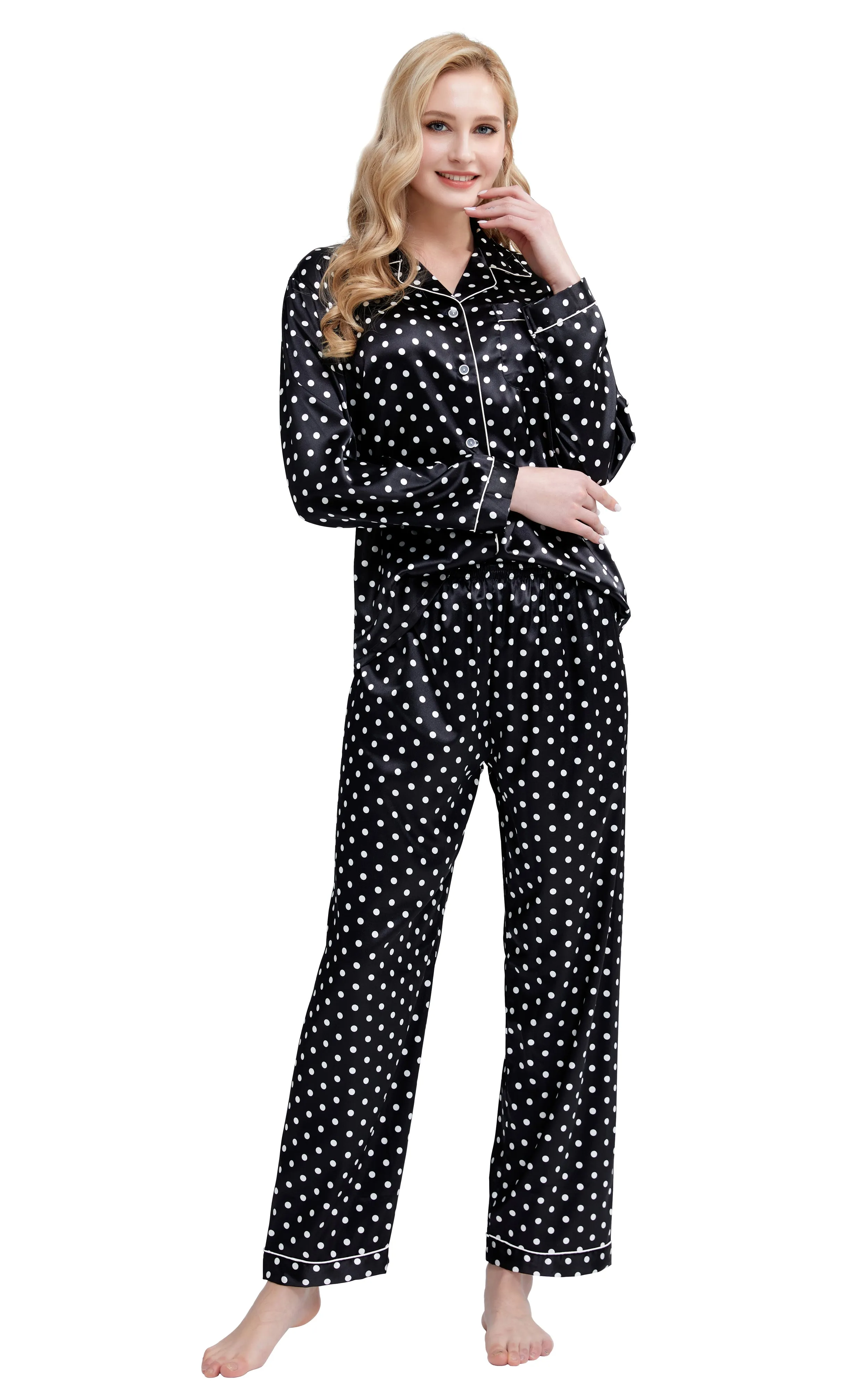 Women's Silk Satin Pajama Set Long Sleeve-Black and White Polka Dot