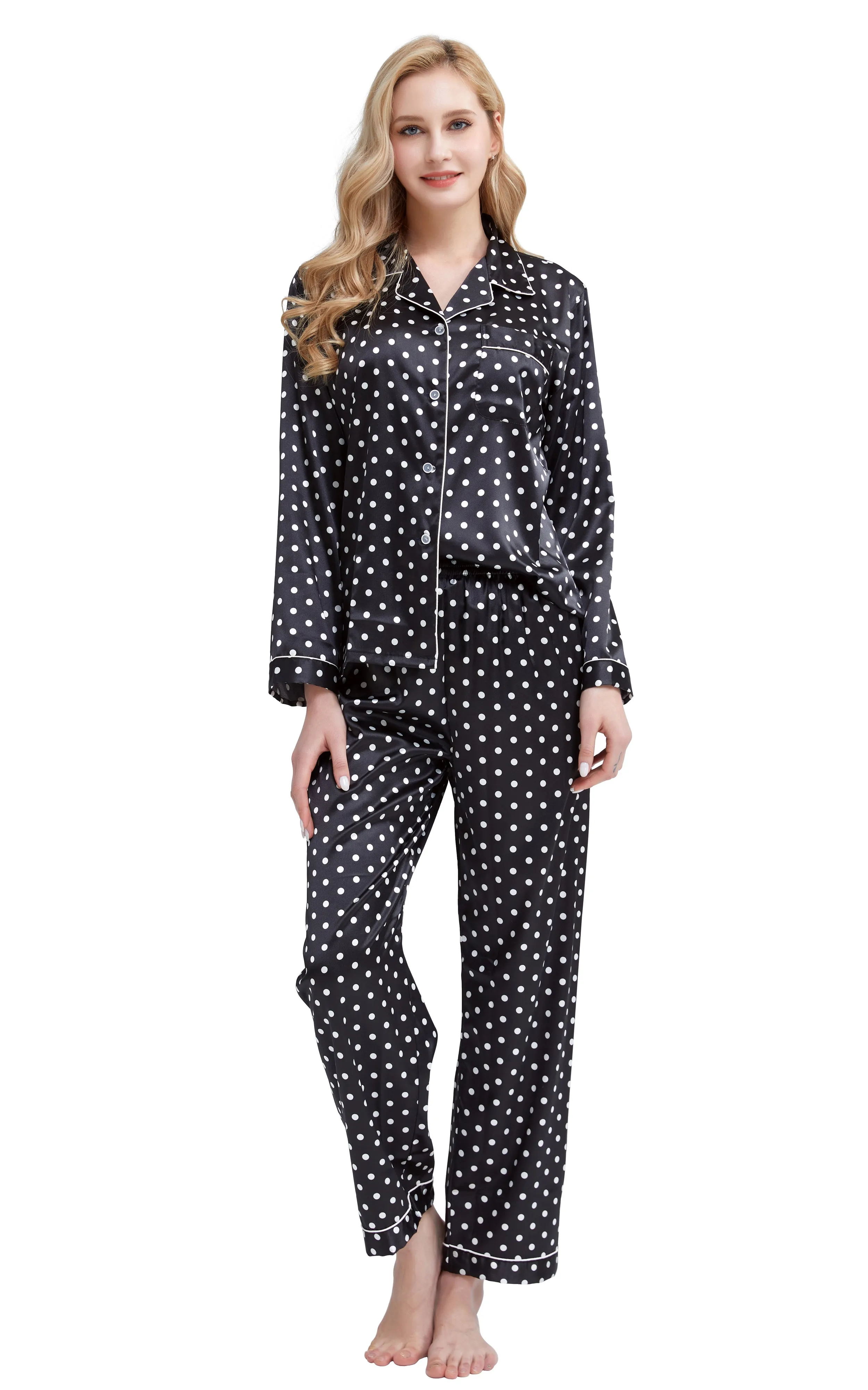 Women's Silk Satin Pajama Set Long Sleeve-Black and White Polka Dot