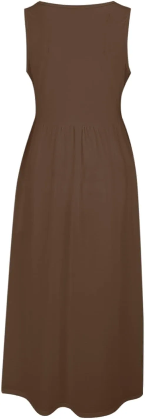 Women's Sleeveless Maxi Dress Patchwork Tank Top Flowy Dress Summer Pleated Long Sundress with Pockets