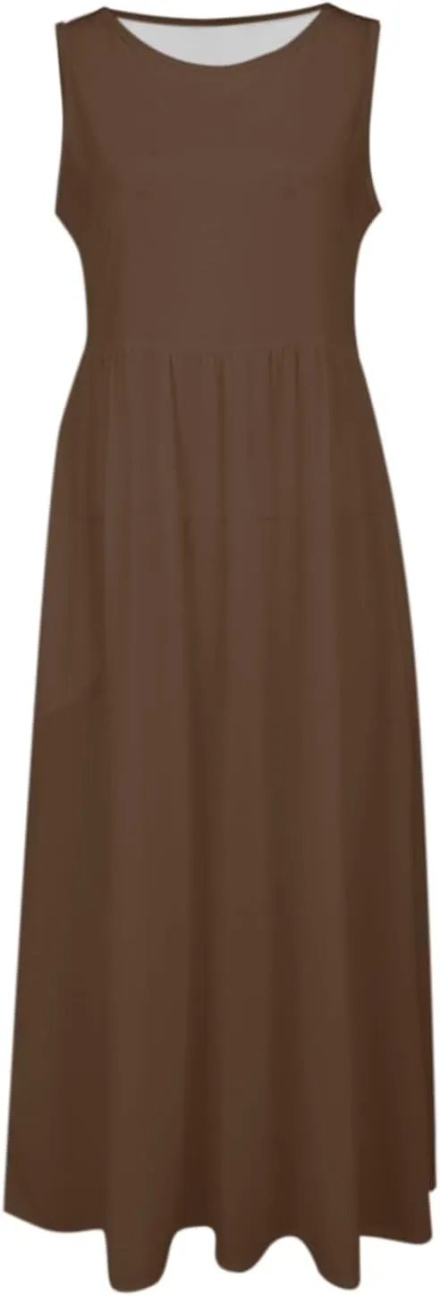 Women's Sleeveless Maxi Dress Patchwork Tank Top Flowy Dress Summer Pleated Long Sundress with Pockets