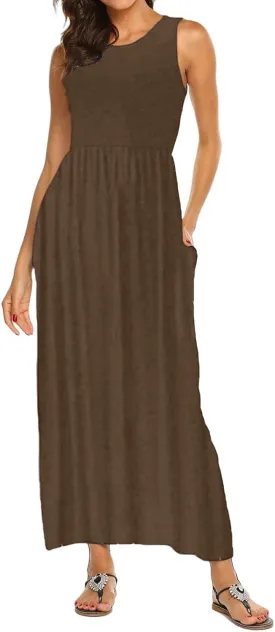 Women's Sleeveless Maxi Dress Patchwork Tank Top Flowy Dress Summer Pleated Long Sundress with Pockets