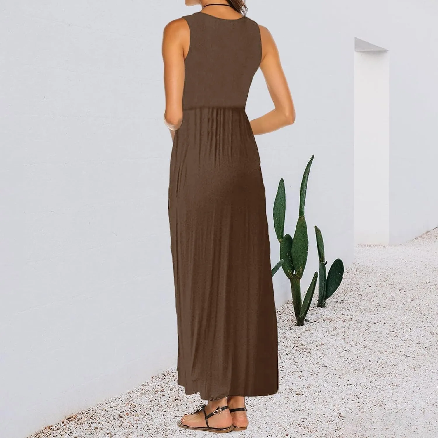 Women's Sleeveless Maxi Dress Patchwork Tank Top Flowy Dress Summer Pleated Long Sundress with Pockets