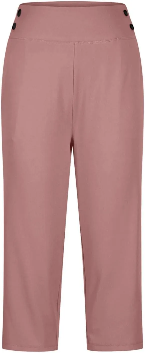 Women's Summer Capri Pants High Waisted Stretch Cropped Trousers Casual Comfortable Yoga Workout Wear Pure Color
