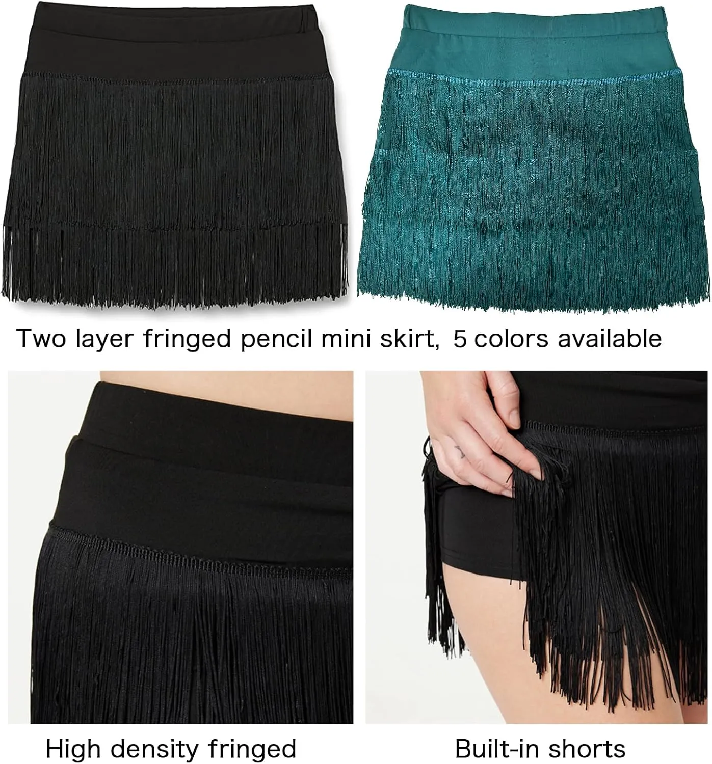Z&X Fringe Skirts for Women Dance Performance Festival Rave Shorts Skirt Elastic Waist Pencil Bodycon Skirt
