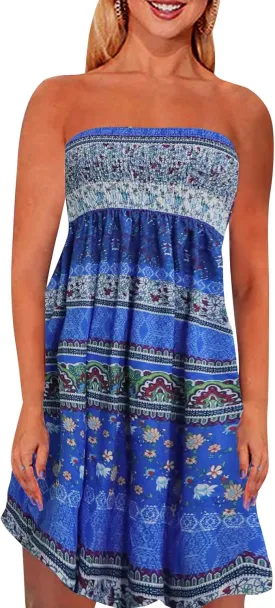 Zyyfly Tube Top Dress Women Summer Beach Coverup Stretch Smocked Strapless Dress